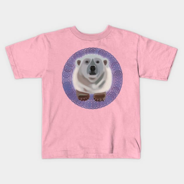 Polar Bear on blue circular pattern Kids T-Shirt by KateVanFloof